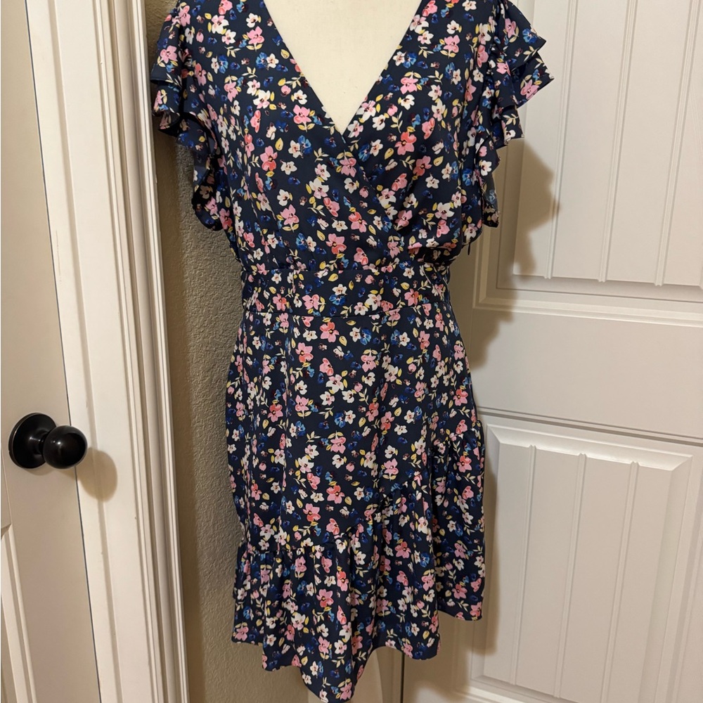 Pink and Blue Flutter Sleeve Wrap Mini Dress